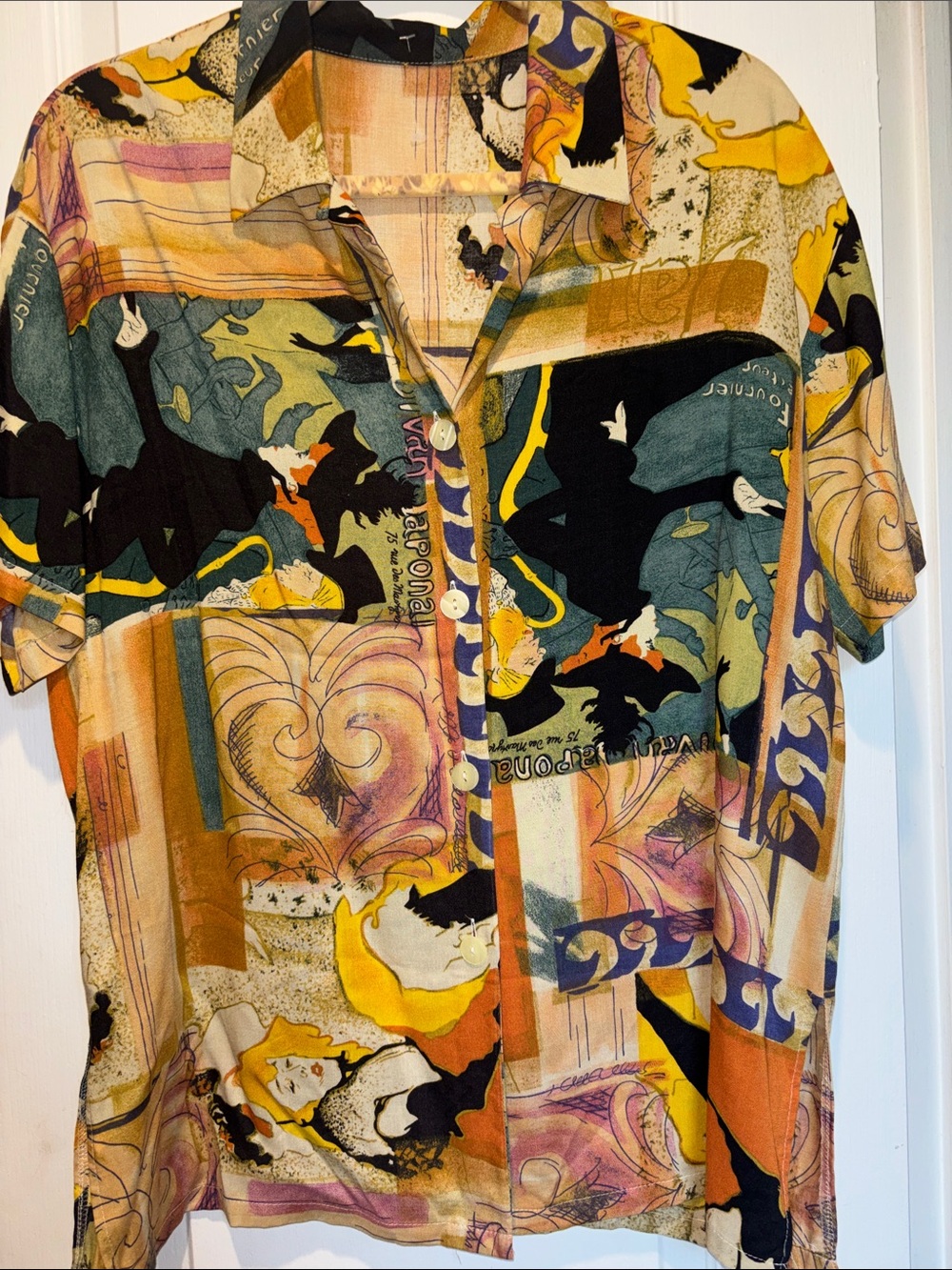 VINTAGE ST. MICHAEL MOULIN-ROUGE ART PRINT BUTTON UP SHIRT SHORT SLEEVE SIZE MED